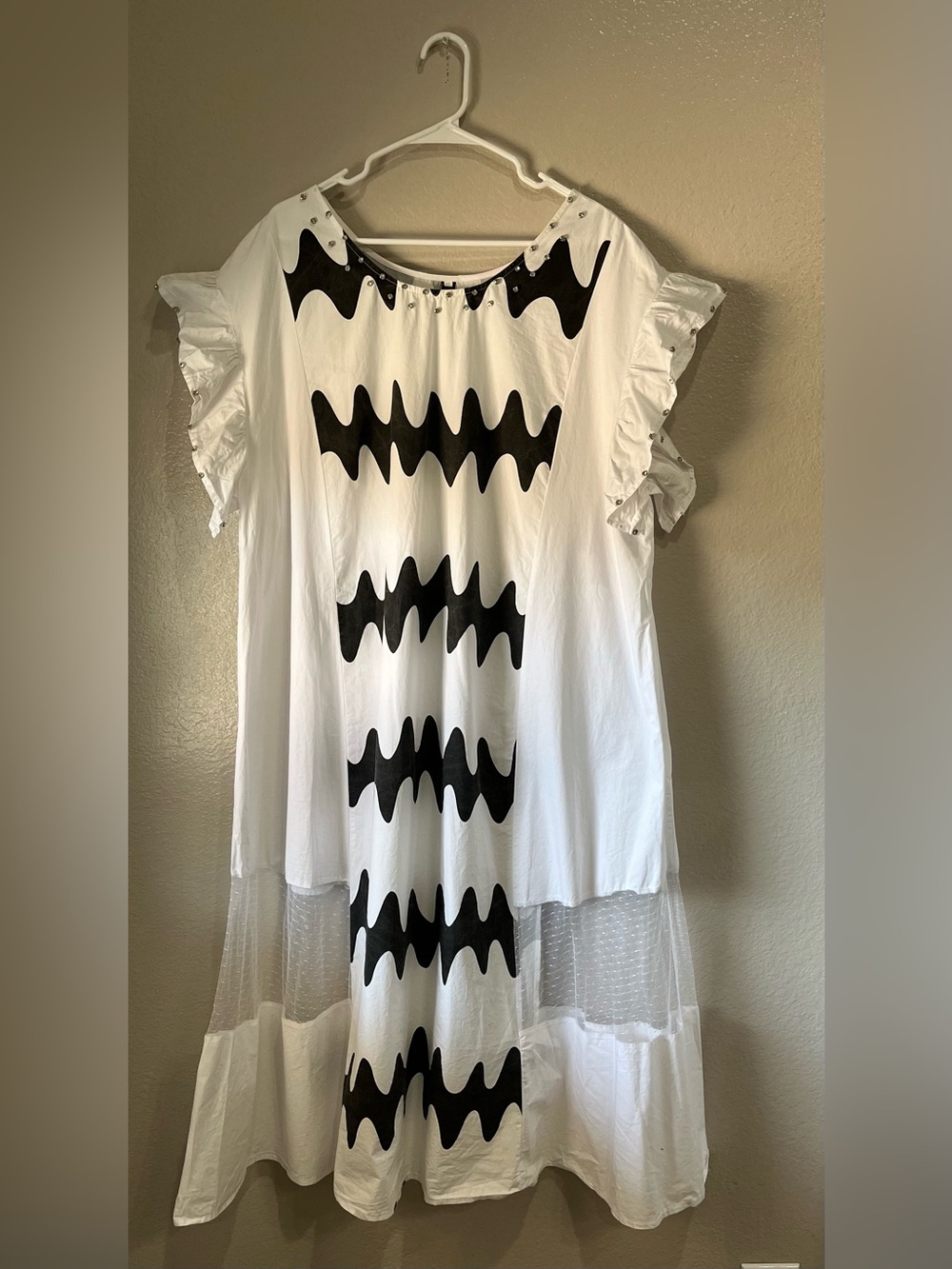 N By Nance White Tunic Dress Black Wave Print and Ruffle Sleeves Sz XL TC0344 - Picture 1 of 9